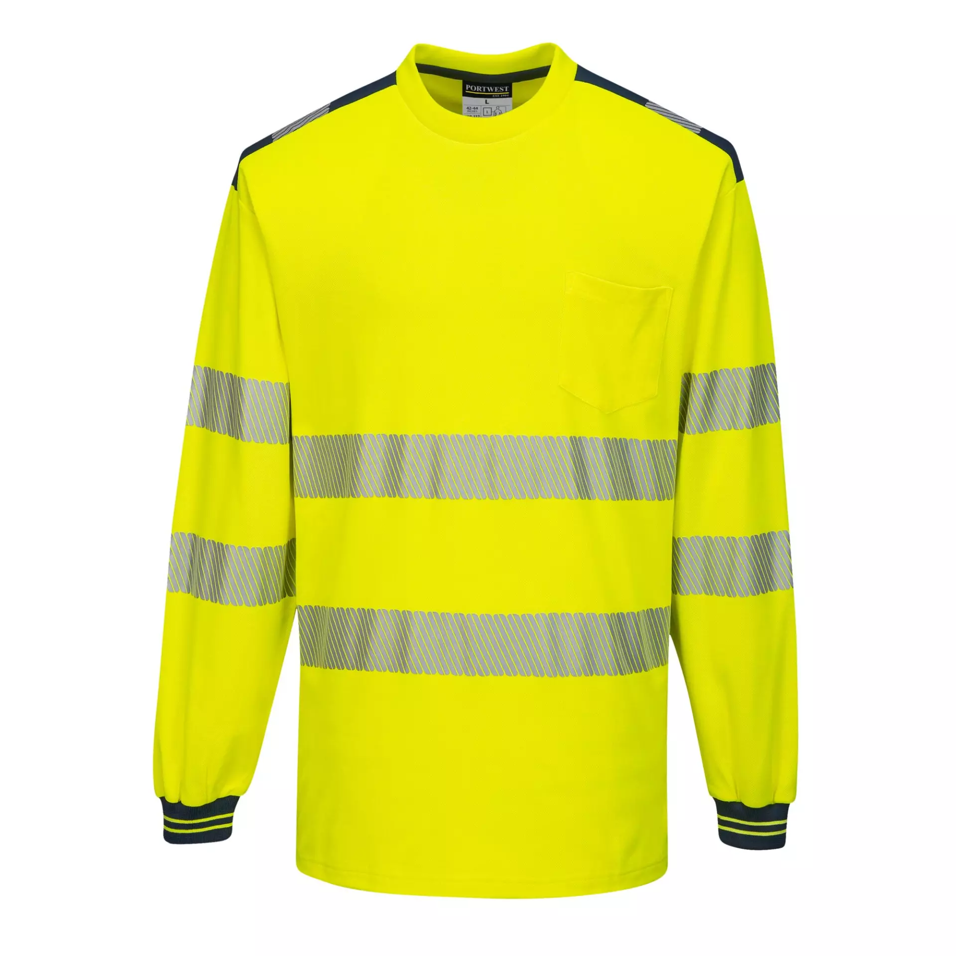 Portwest T185YNR, PW3 Hi-Vis Cotton Comfort T-Shirt L/S, Yellow/Navy