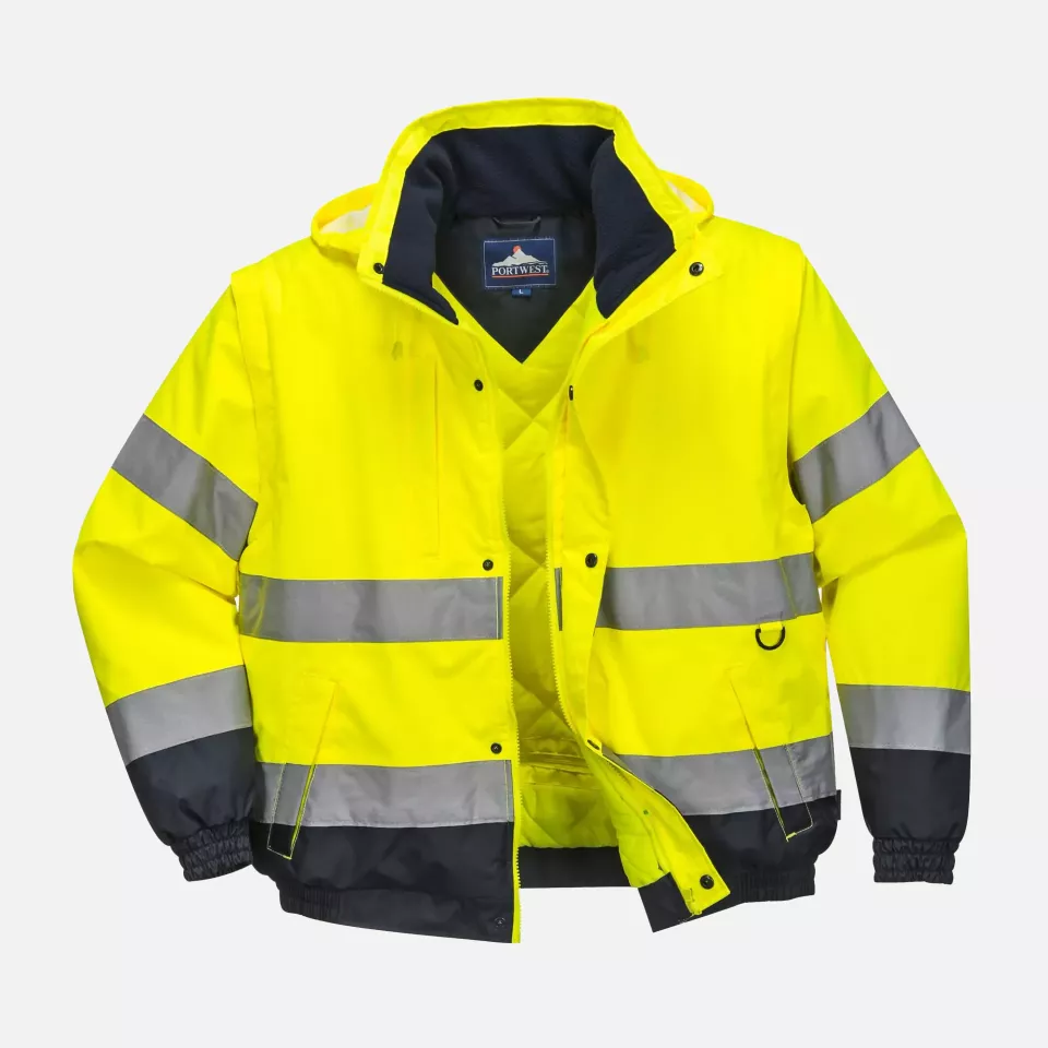 Portwest C468YER, Hi-Vis 2-in-1 Contrast Bomber Jacket, Yellow, image 5, gallery thumbnail