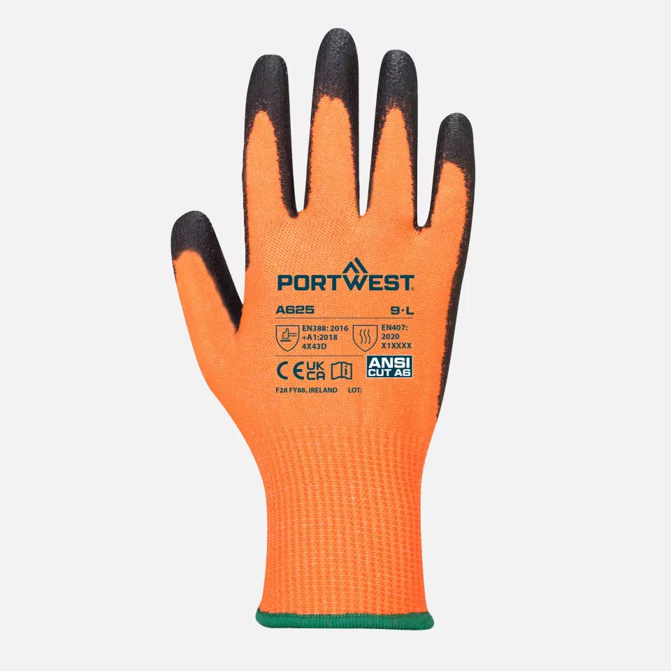 Portwest A625O8R, Cut D13 PU Viz-Tex Glove, Orange/Black, image 1, gallery thumbnail