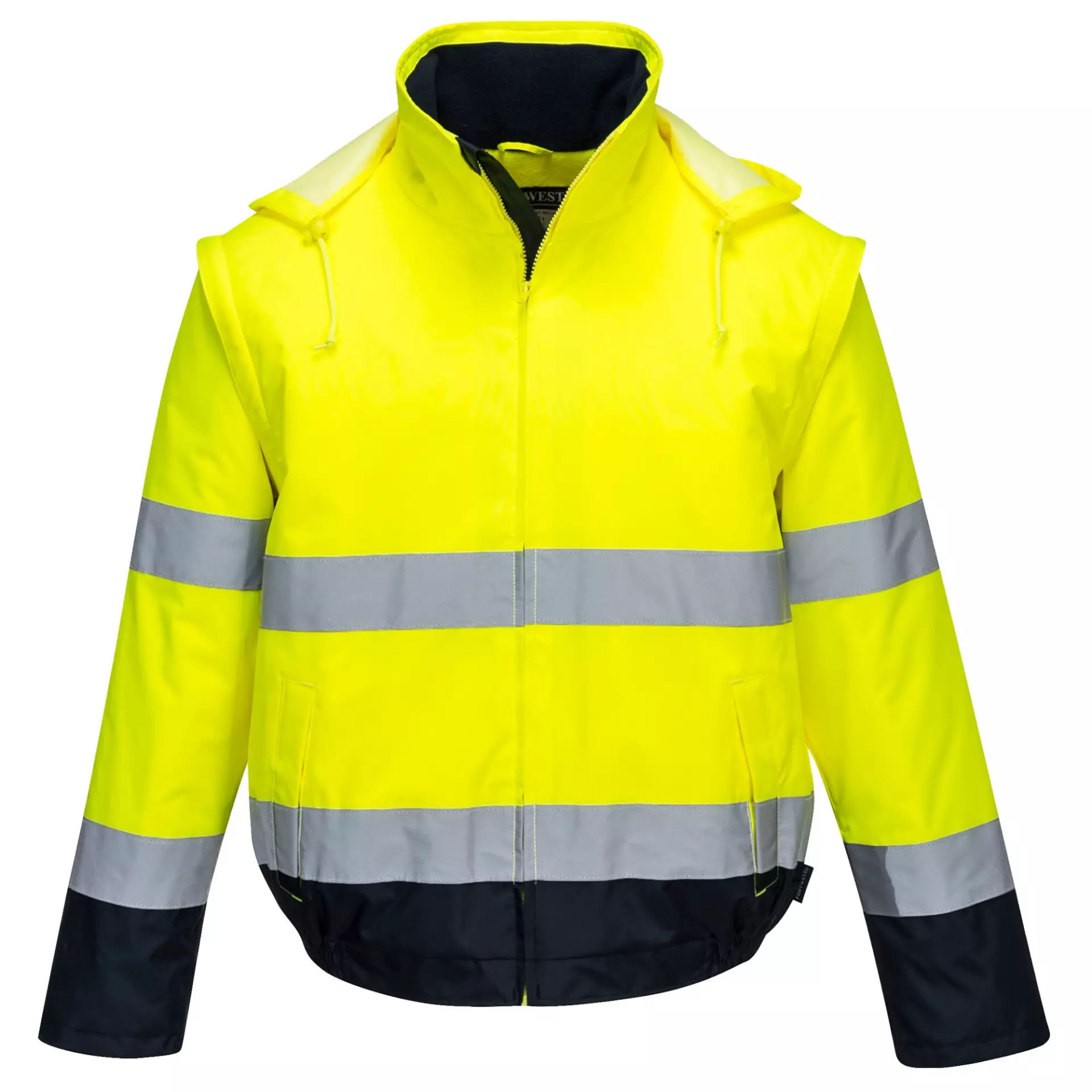 Portwest C464YNR, Hi-Vis 2-in-1 Contrast Essential Lite Bomber Jacket, Yellow/Navy, image 1
