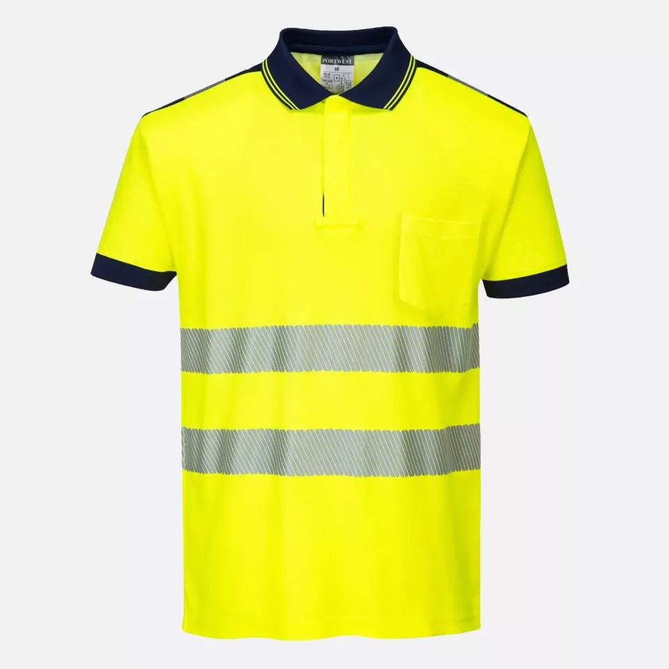 Portwest T180YNR, PW3 Hi-Vis Cotton Comfort Polo Shirt S/S, Yellow/Navy, image 1, gallery thumbnail
