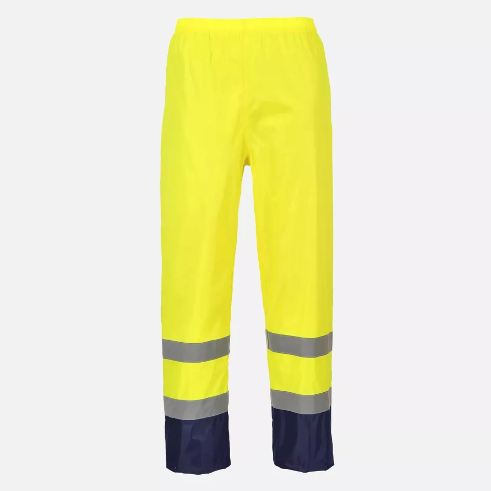 Portwest H444YNR, Hi-Vis Contrast Classic Rain Trousers, Yellow/Navy, image 1, gallery thumbnail