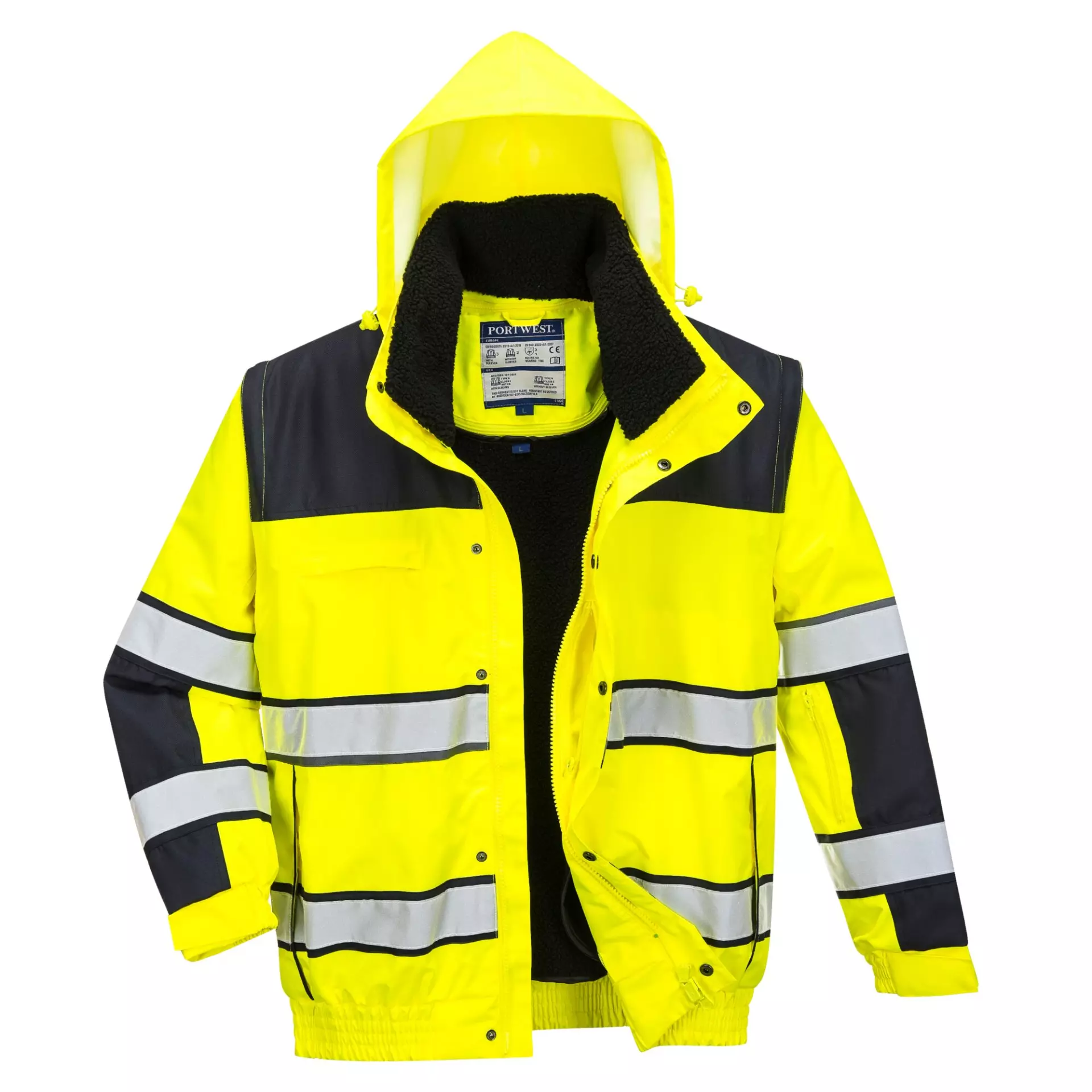 Portwest C466YBR, Hi-Vis 3-in-1 Contrast Winter Bomber Jacket, Yellow/Black, image 1