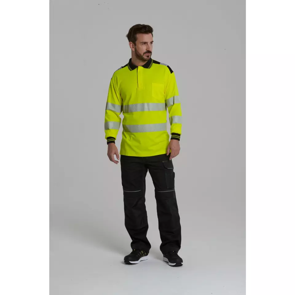 Portwest T184YBR, PW3 Hi-Vis Cotton Comfort Polo Shirt L/S, Yellow/Black, image 3, gallery thumbnail