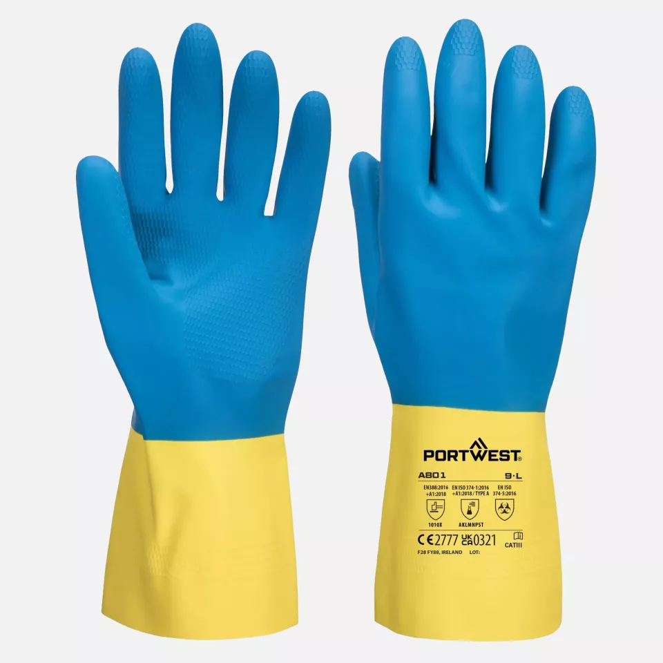 Portwest A801Y4R, Double Dipped Latex Gauntlet, Yellow/Blue, image 3, gallery thumbnail