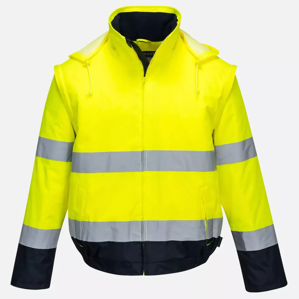 Portwest C464YNR, Hi-Vis 2-in-1 Contrast Essential Lite Bomber Jacket, Yellow/Navy, image 1, gallery thumbnail