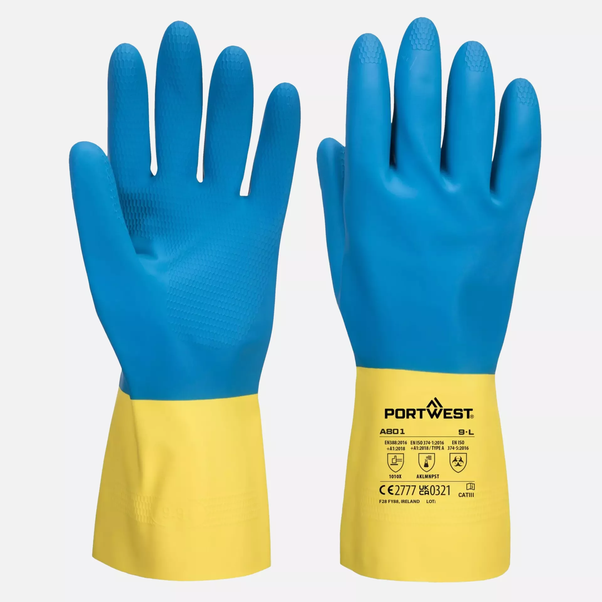 Portwest A801Y4R, Double Dipped Latex Gauntlet, Yellow/Blue, image 3