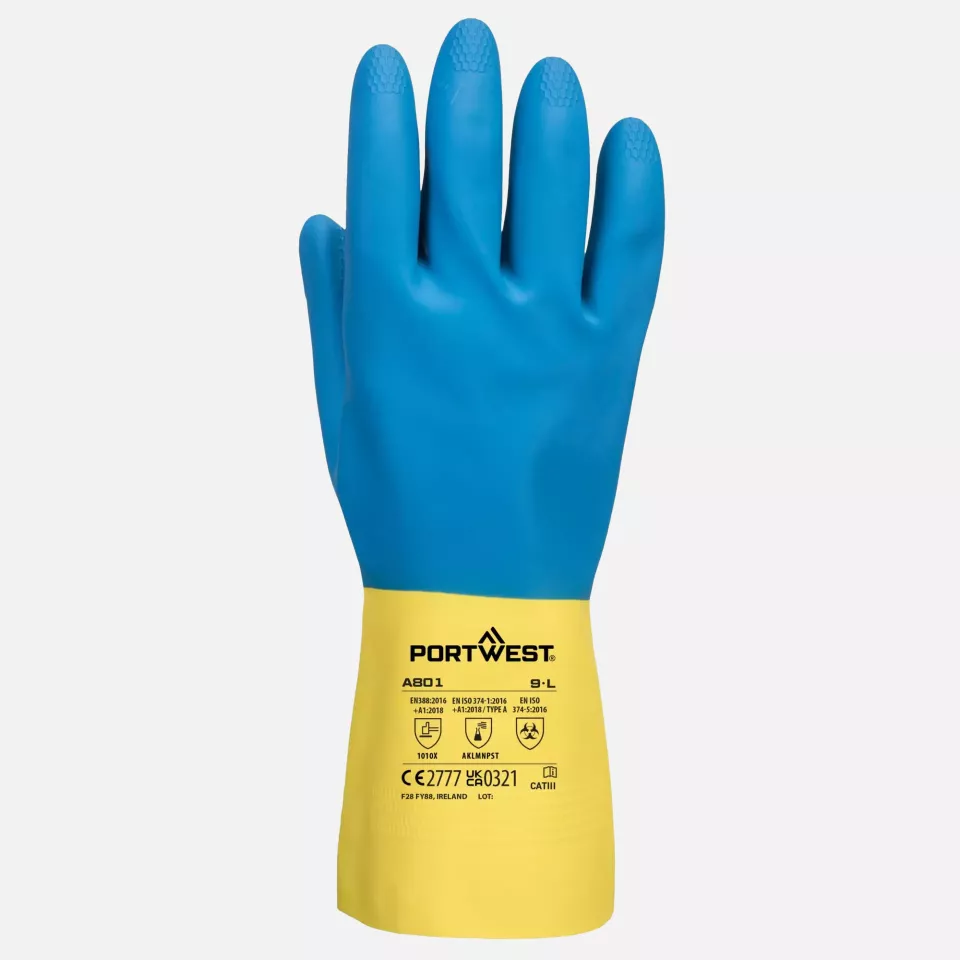 Portwest A801Y4R, Double Dipped Latex Gauntlet, Yellow/Blue, image 1, gallery thumbnail