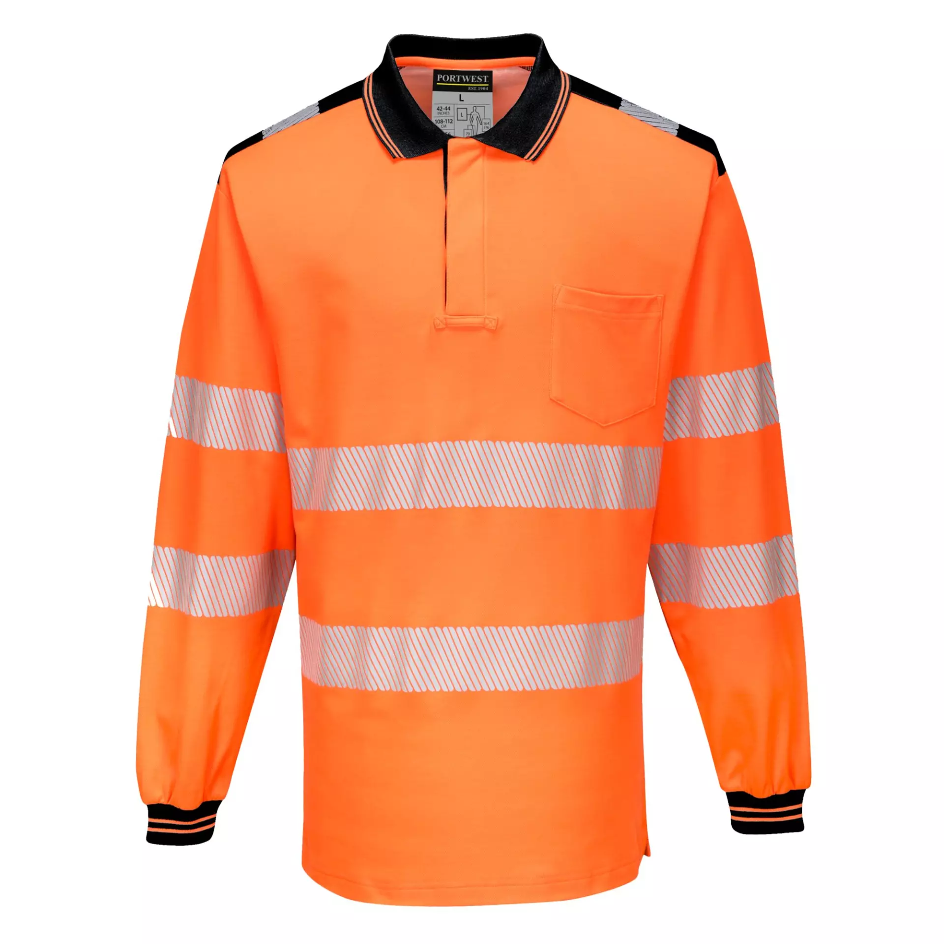 Portwest T184OBR, PW3 Hi-Vis Cotton Comfort Polo Shirt L/S, Orange/Black, image 1
