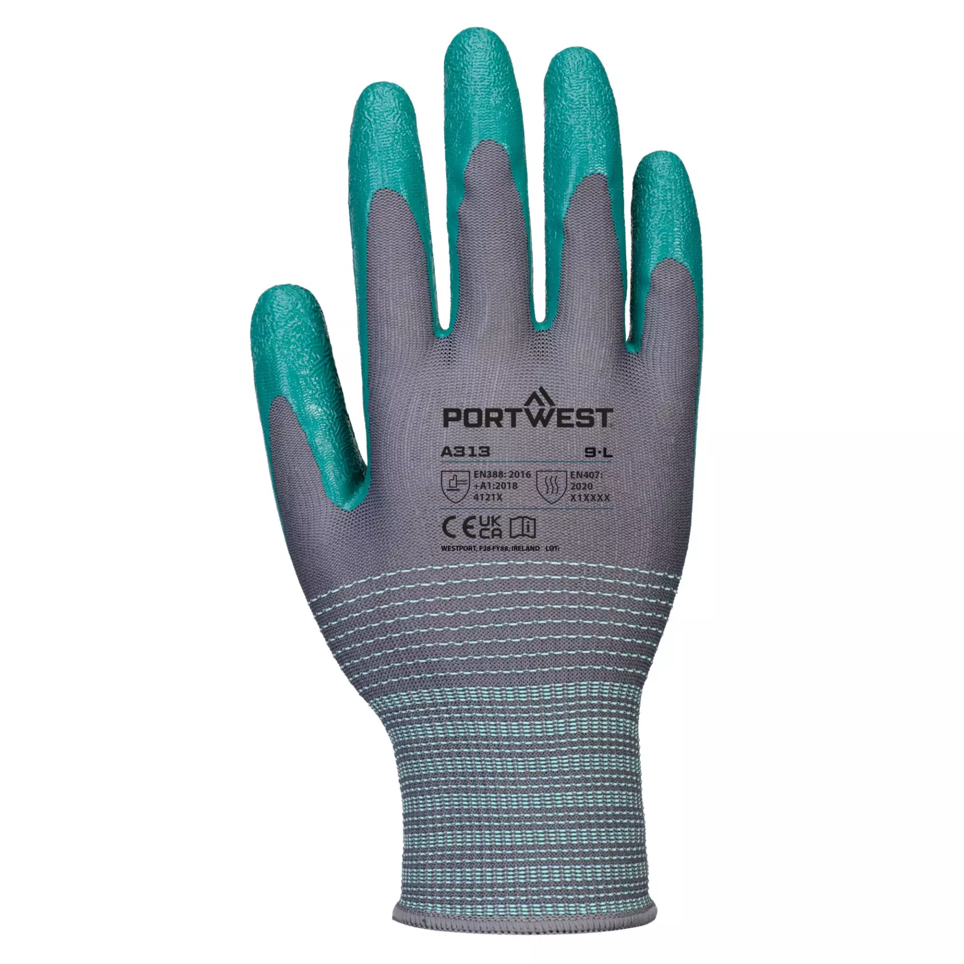 Portwest A313G3R, Grip 15 Nitrile Crinkle Glove, Grey/Green, image 1