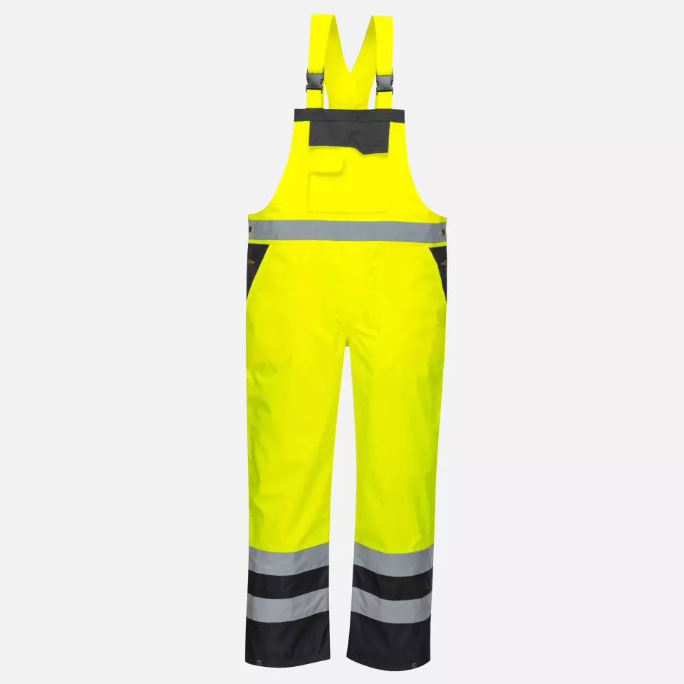 Portwest S488YBR, Hi-Vis Breathable Contrast Rain Bib and Brace, Yellow/Black, image 1, gallery thumbnail