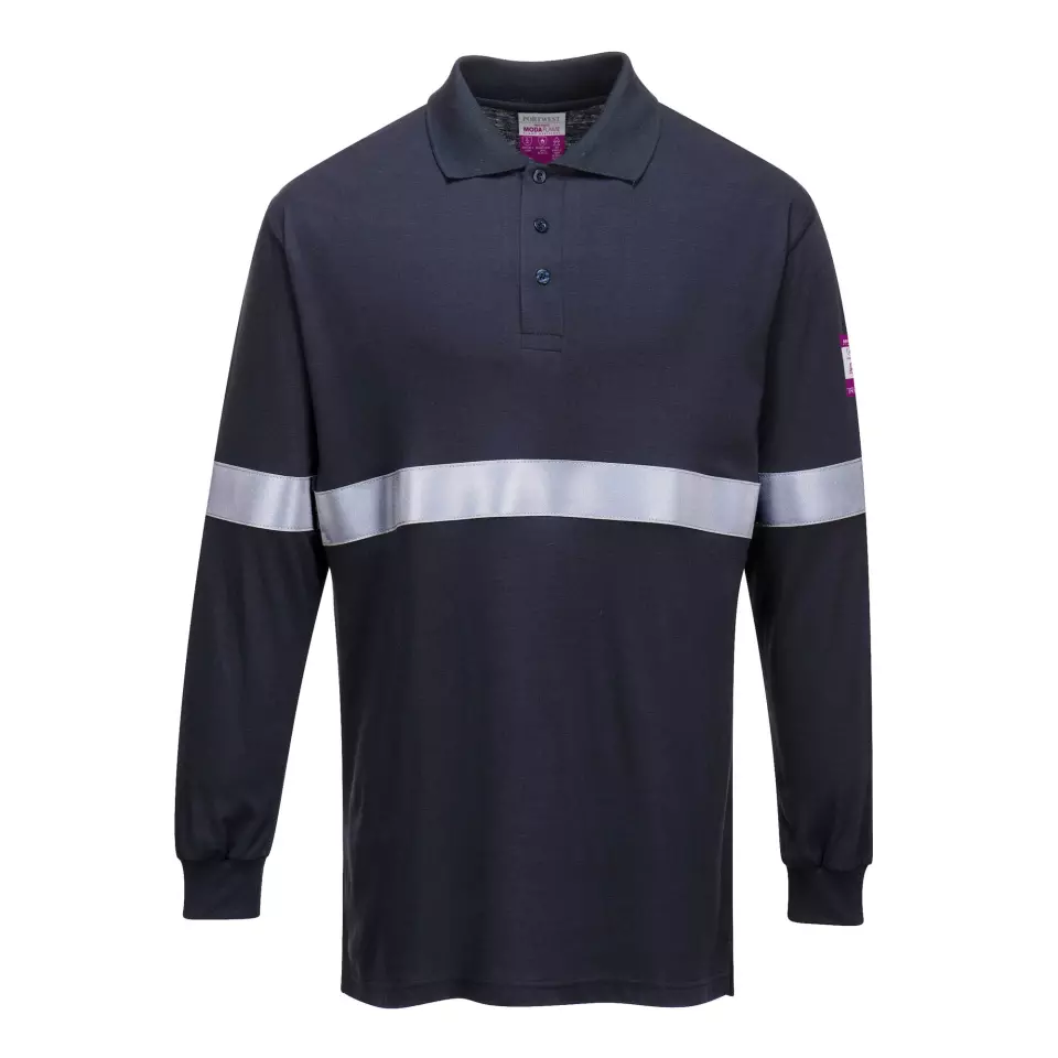 Portwest FR03NAR, Modaflame Knit Anti-Static FR Long Sleeve Reflective Tape Polo Shirt, Navy, image 1, gallery thumbnail