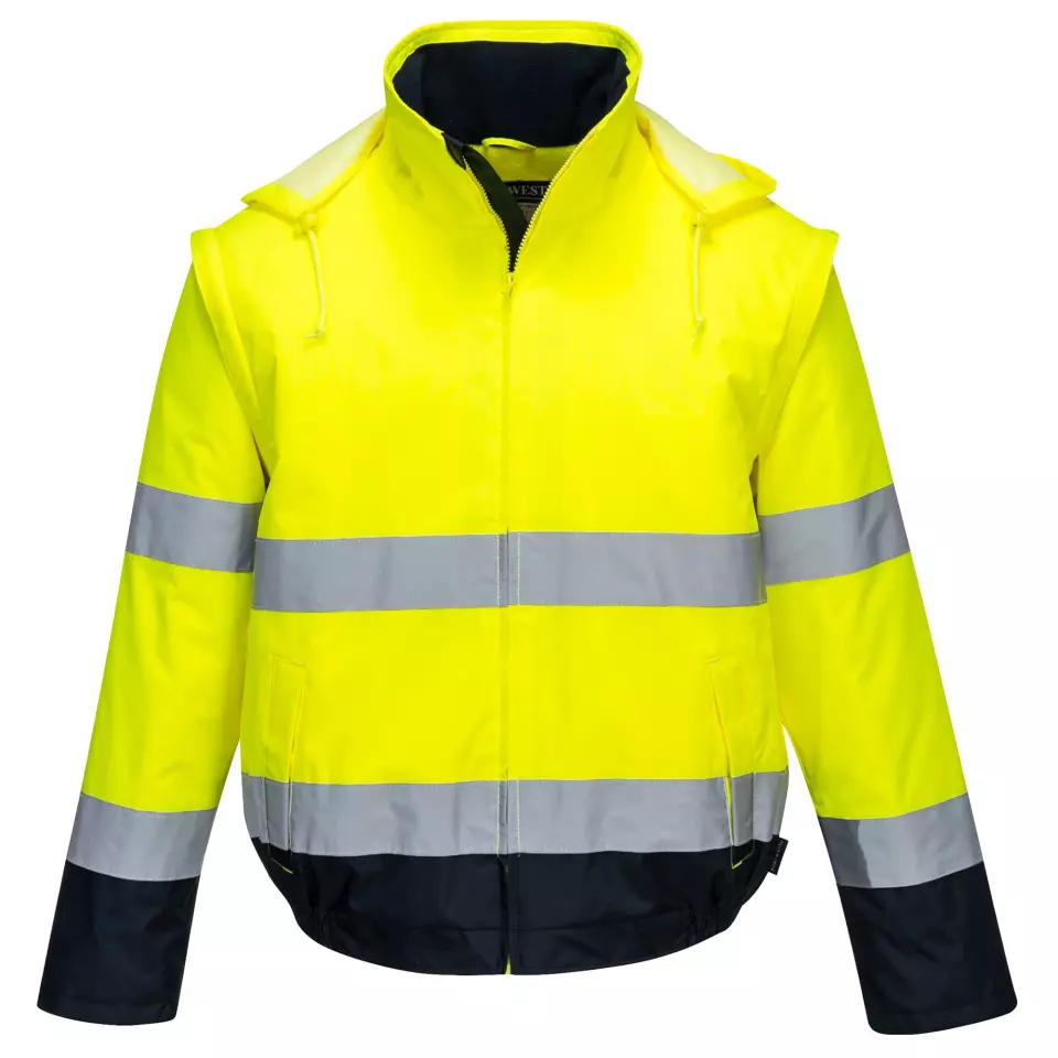 Portwest C464YNR, Hi-Vis 2-in-1 Contrast Essential Lite Bomber Jacket, Yellow/Navy, image 1, gallery thumbnail