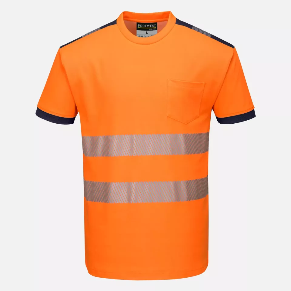 Portwest T181ONR, PW3 Hi-Vis Cotton Comfort T-Shirt S/S, Orange/Navy, image 1, gallery thumbnail