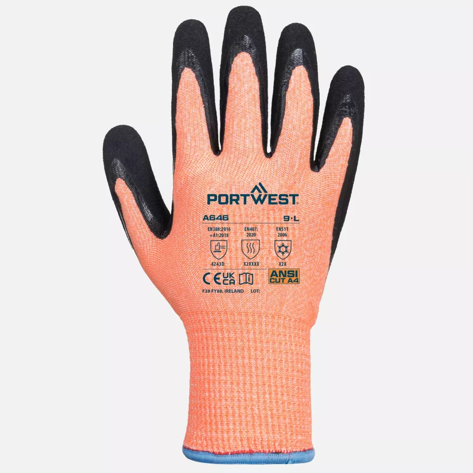 Portwest A646O8R, Vis-Tex Winter Cut D13 Nitrile Glove, Orange/Black, image 1, gallery thumbnail