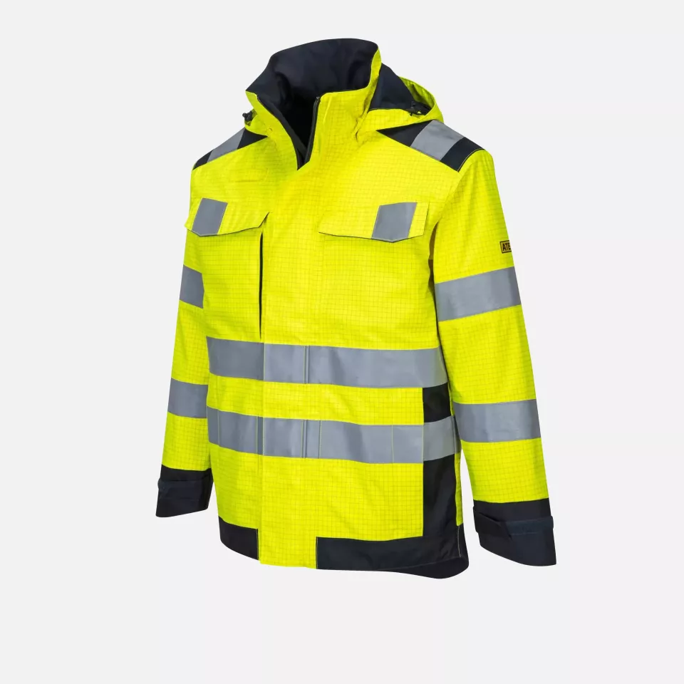 Portwest MV70YNR, Modaflame Rain Multi Norm Arc Jacket, Yellow/Navy, image 4, gallery thumbnail