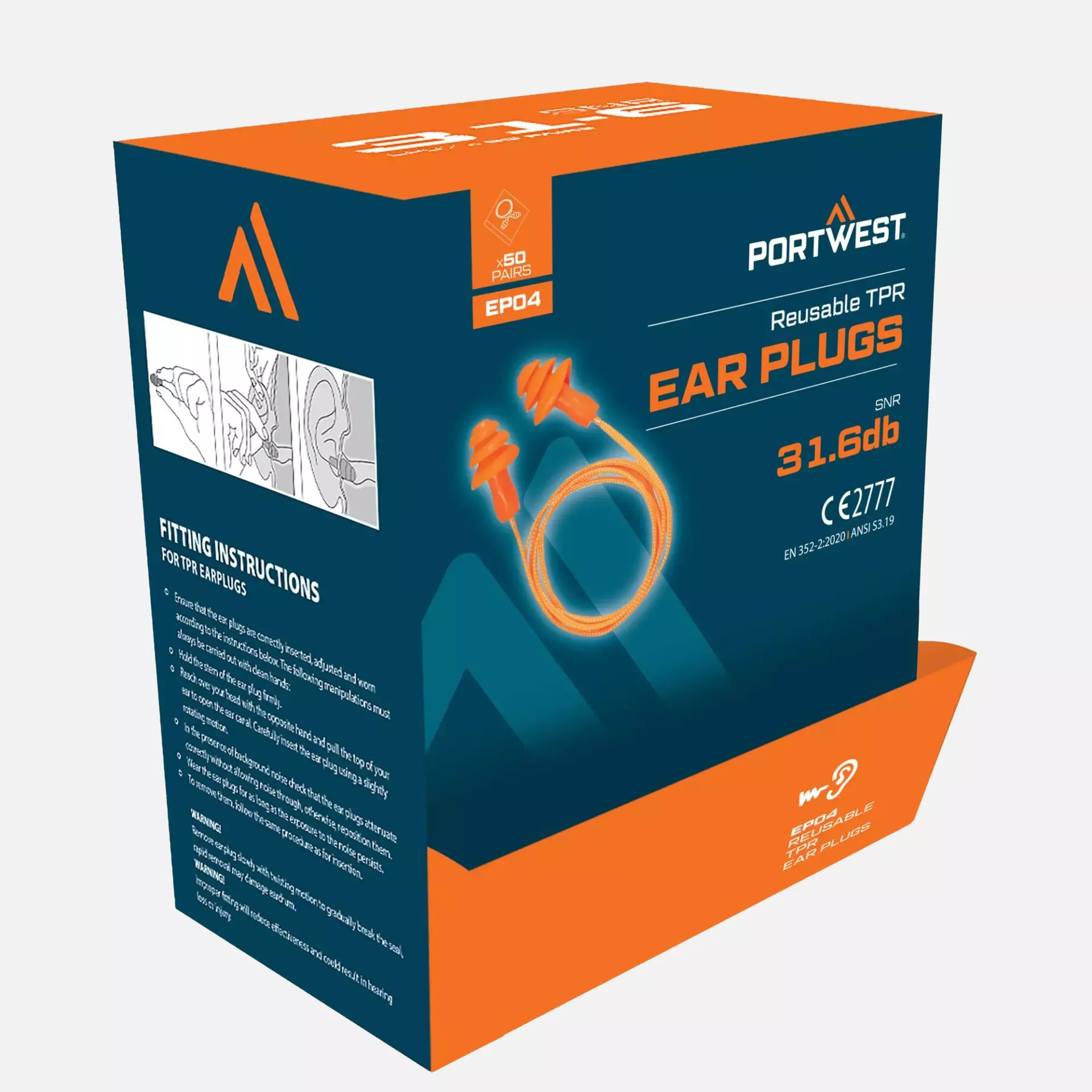 Portwest EP04ORR, Reusable Corded TPR Ear Plugs, Orange, image 2