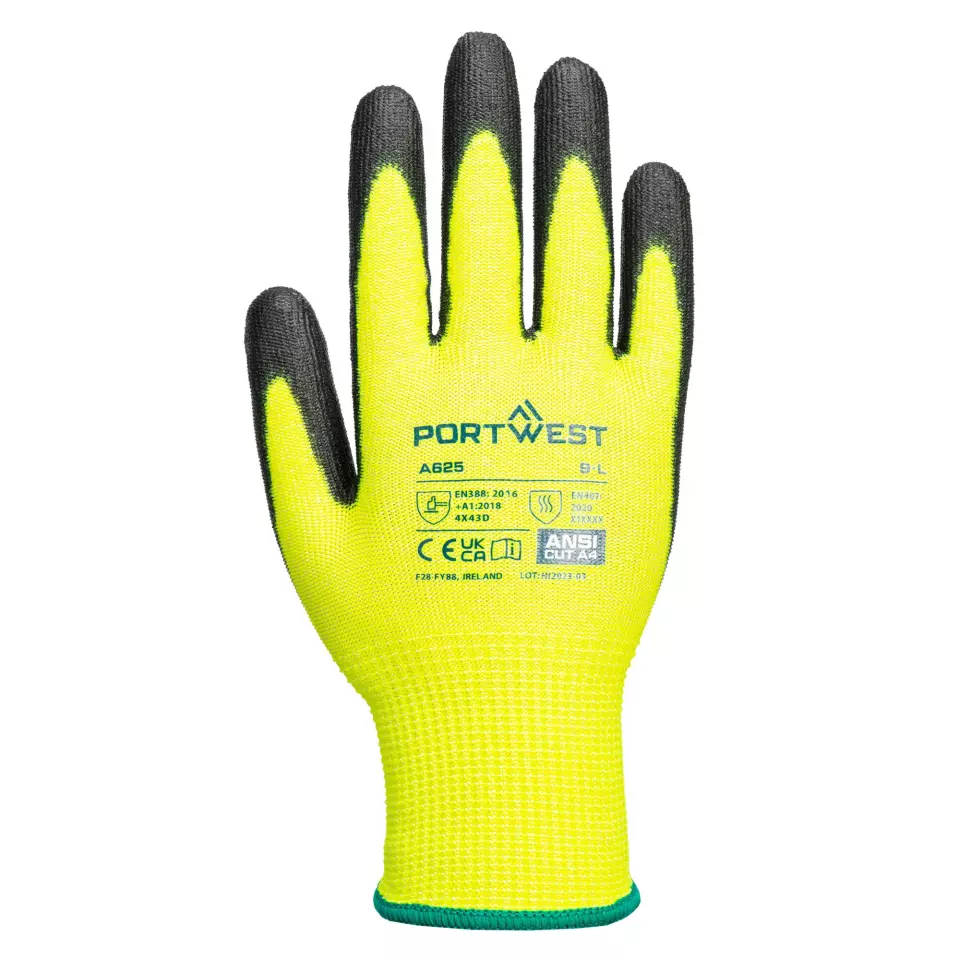 Portwest A625Y8R, Cut D13 PU Viz-Tex Glove, Yellow/Black, image 1, gallery thumbnail