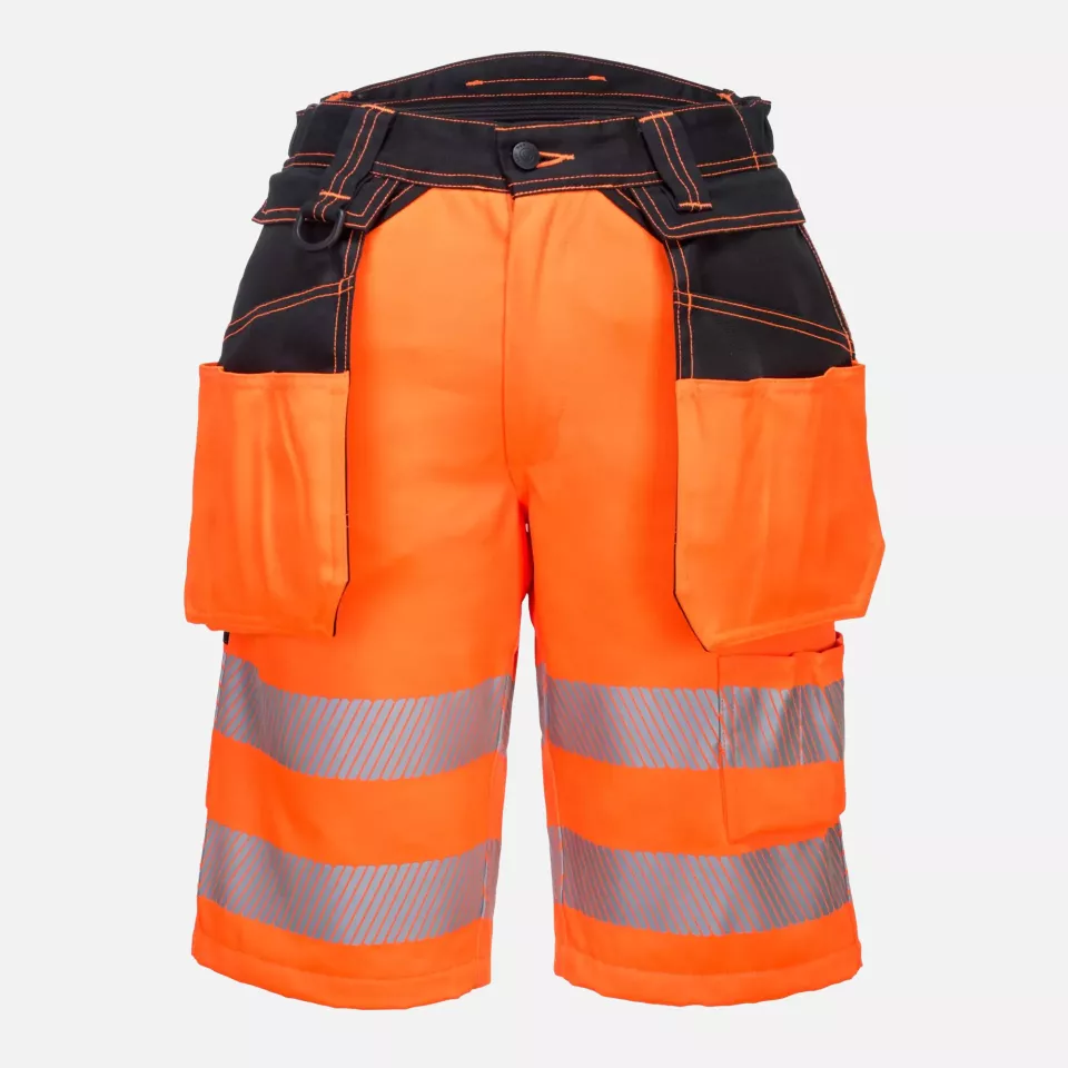 Portwest PW343OBR, PW3 Hi-Vis Holster Pocket Shorts, Orange/Black, image 1, gallery thumbnail