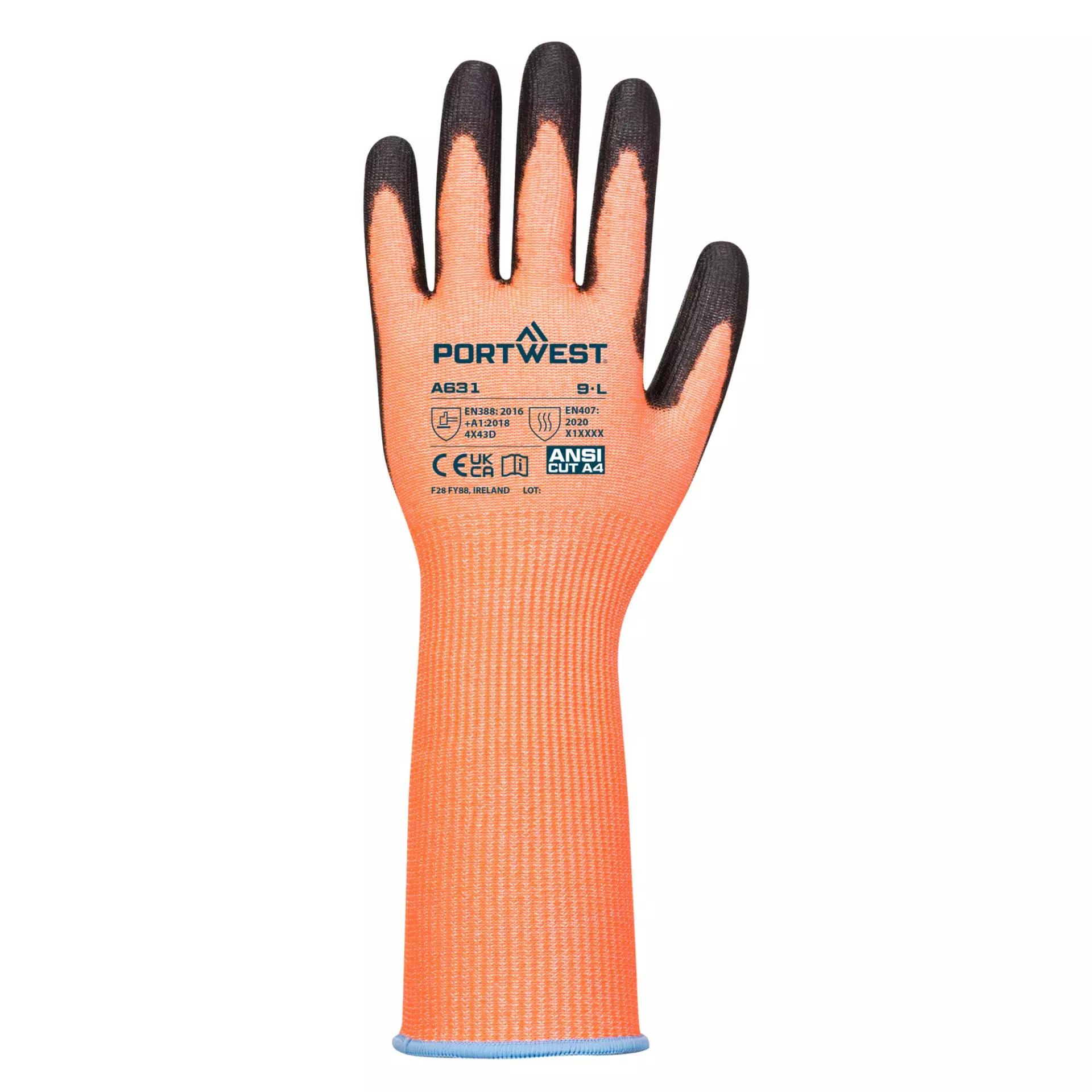 Portwest A631O8R, Vis-Tex Cut Glove Long Cuff, Orange/Black, image 1