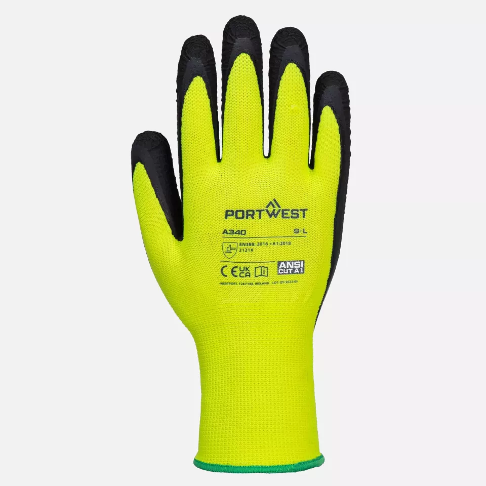 Portwest A340YER, Hi-Vis Grip Glove - Latex, Yellow, image 1, gallery thumbnail