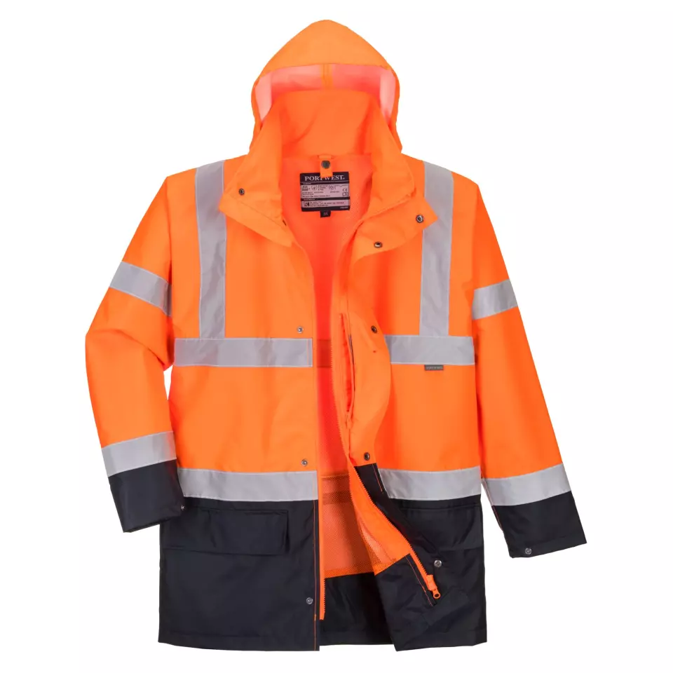 Portwest S766ONR, Hi-Vis 5-in-1 Contrast Essential Jacket, Orange/Navy, image 1, gallery thumbnail