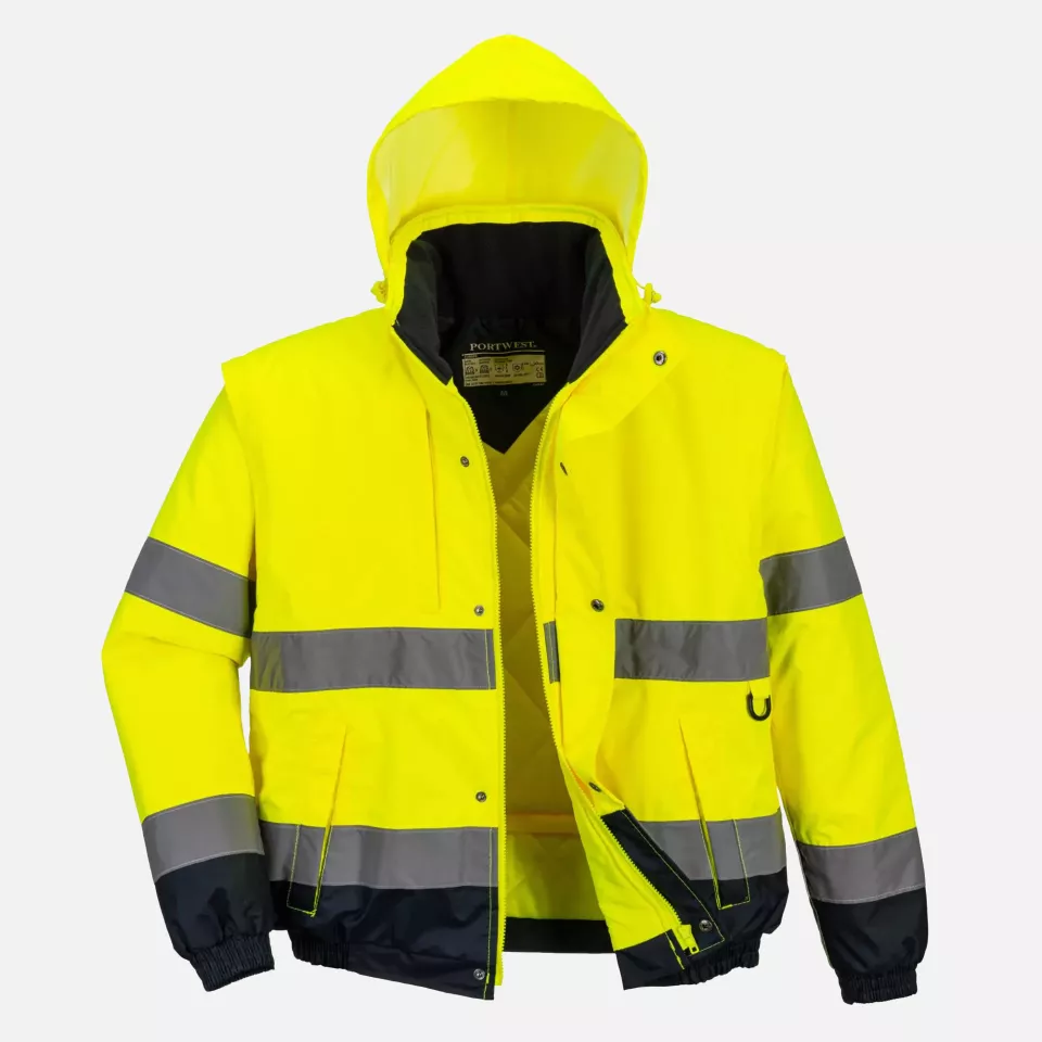 Portwest C468YER, Hi-Vis 2-in-1 Contrast Bomber Jacket, Yellow, image 4, gallery thumbnail