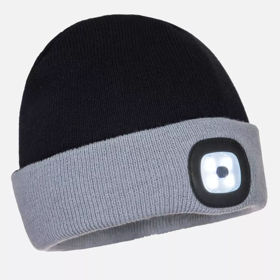 Portwest B034BKG, Two Tone LED Rechargeable Beanie, Black/Grey, image 1, gallery thumbnail