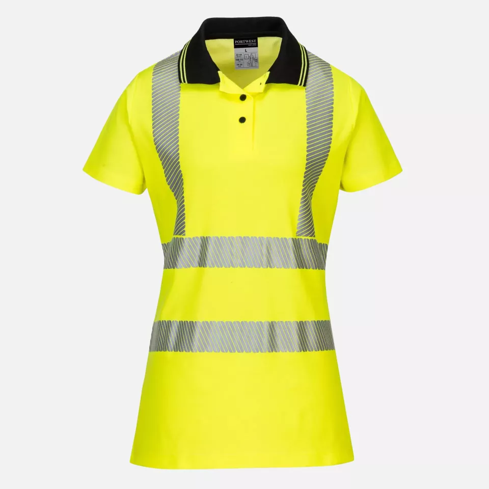 Portwest LW72YBR, Hi-Vis Women's Cotton Comfort Pro Polo Shirt S/S, Yellow/Black, image 1, gallery thumbnail