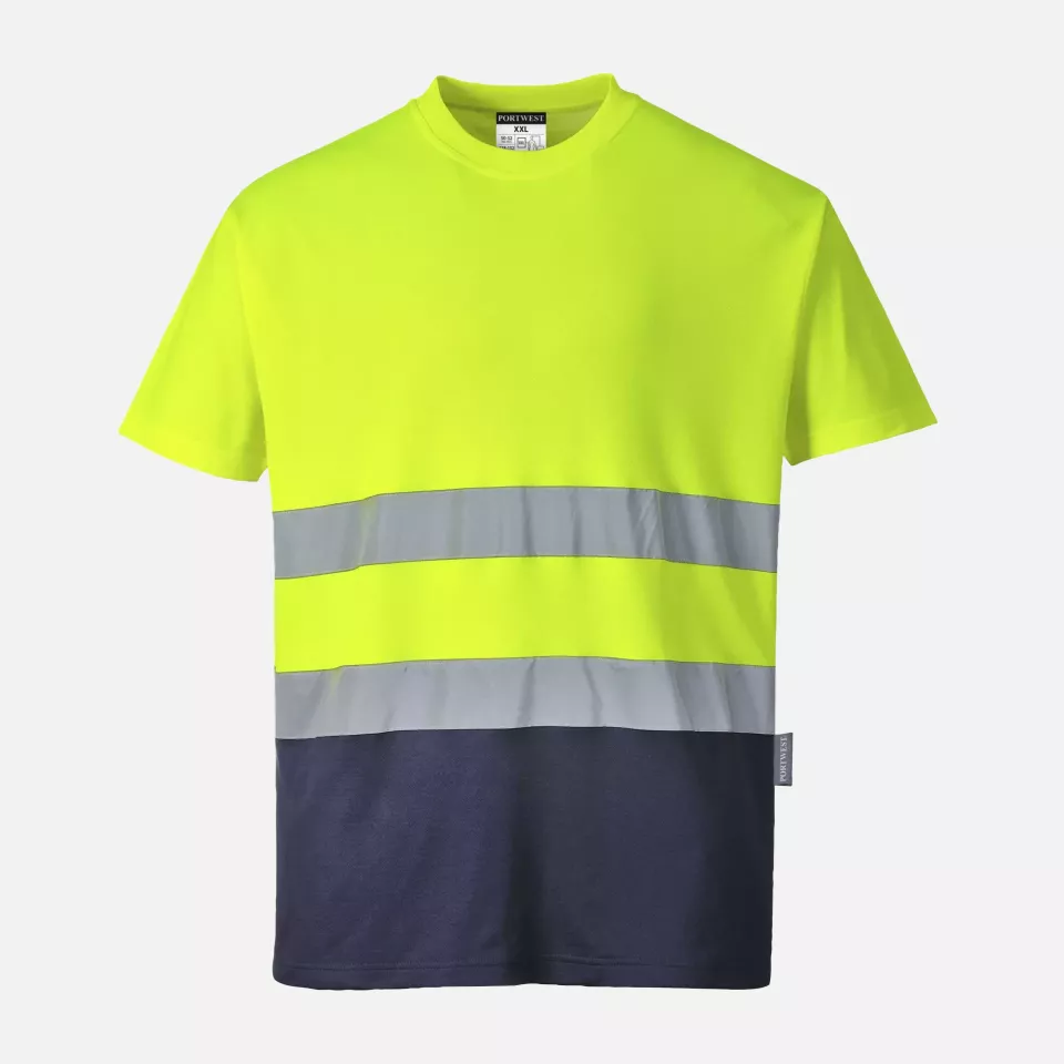 Portwest S173YNR, Hi-Vis Cotton Comfort Contrast T-Shirt S/S, Yellow/Navy, image 1, gallery thumbnail