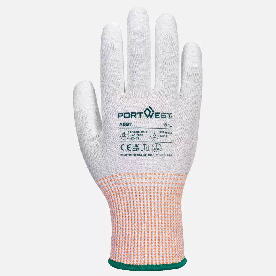 Portwest A697G6R, LR13 ESD PU Palm Glove, Grey/White, image 1, gallery thumbnail