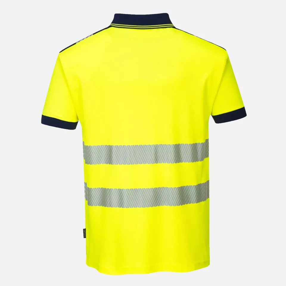 Portwest T180YNR, PW3 Hi-Vis Cotton Comfort Polo Shirt S/S, Yellow/Navy, image 2, gallery thumbnail