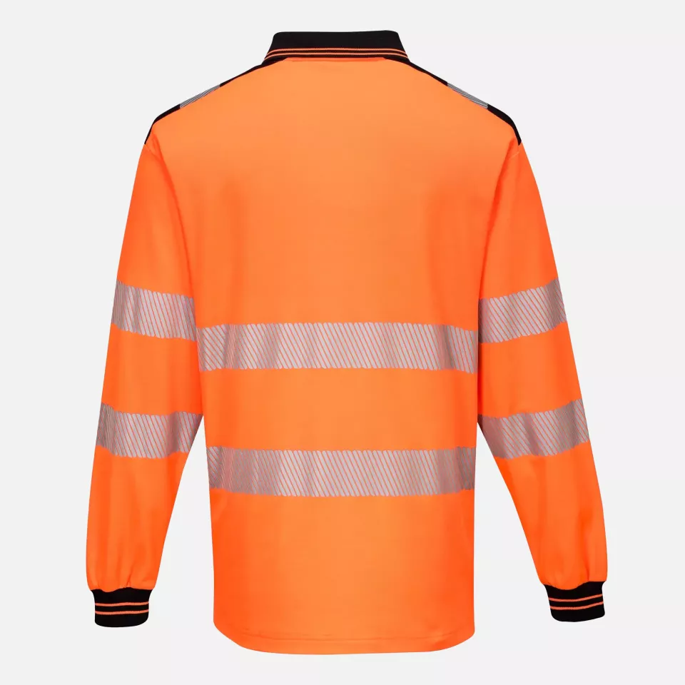 Portwest T184OBR, PW3 Hi-Vis Cotton Comfort Polo Shirt L/S, Orange/Black, image 2, gallery thumbnail