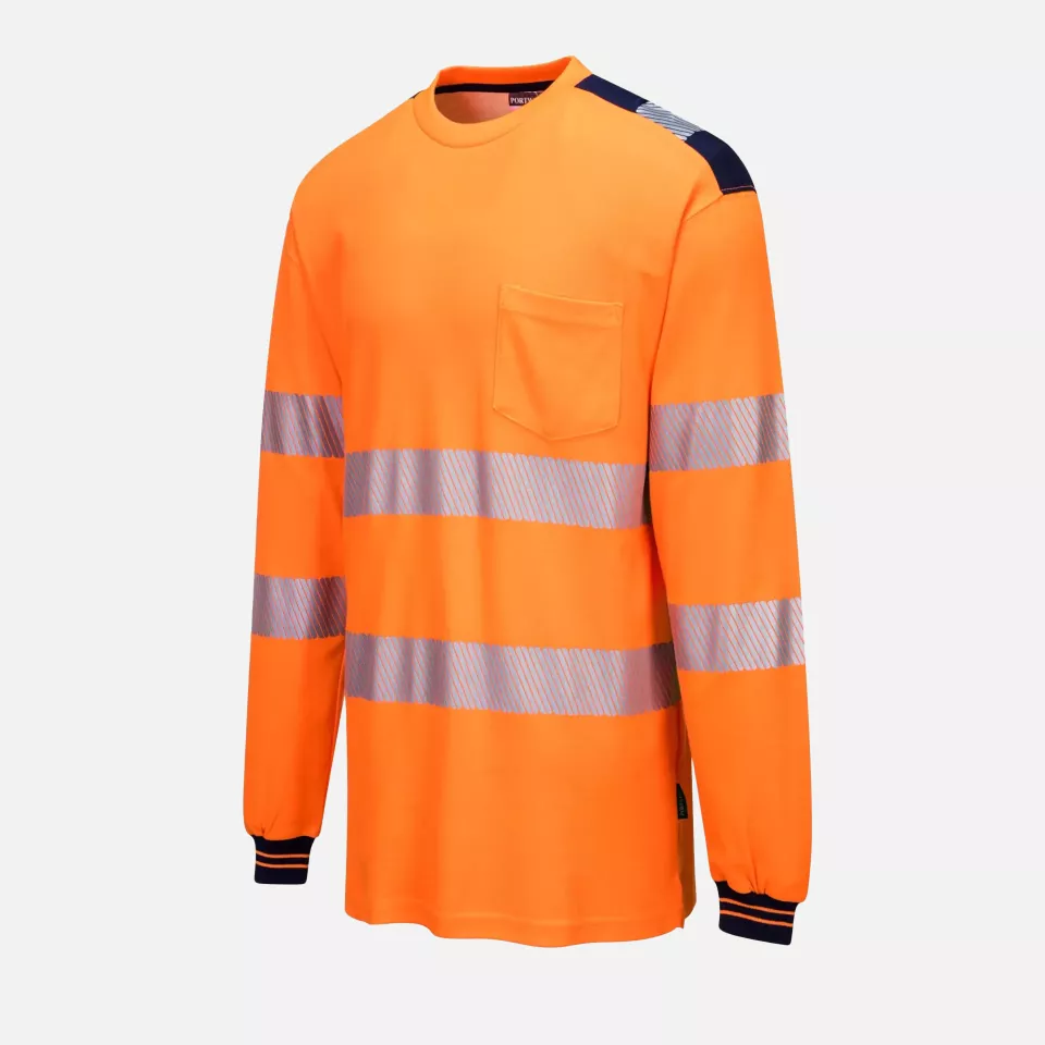 Portwest T185ONR, PW3 Hi-Vis Cotton Comfort T-Shirt L/S, Orange/Navy, image 3, gallery thumbnail