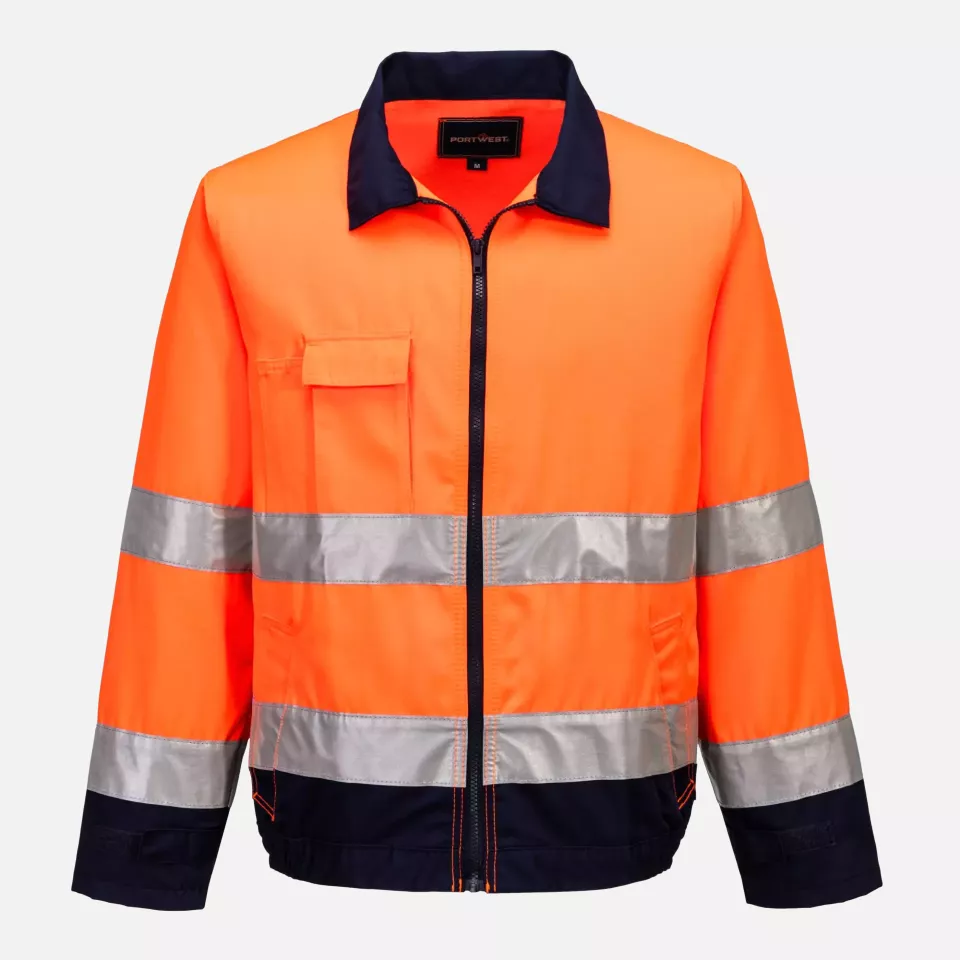 Portwest TX70ONR, Madrid Hi-Vis Contrast Bomber Jacket, Orange/Navy, image 1, gallery thumbnail