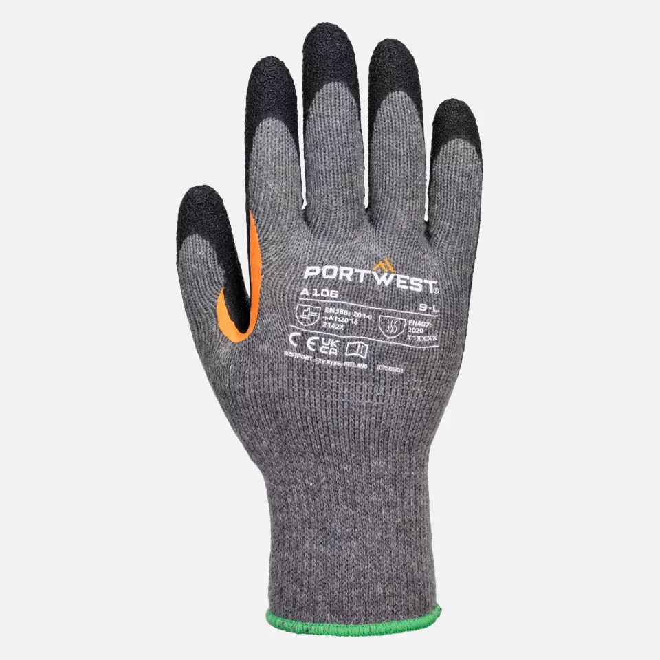 Portwest A106G8R, Grip 10 Latex Reinforced Thumb Glove, Grey/Black, image 1, gallery thumbnail