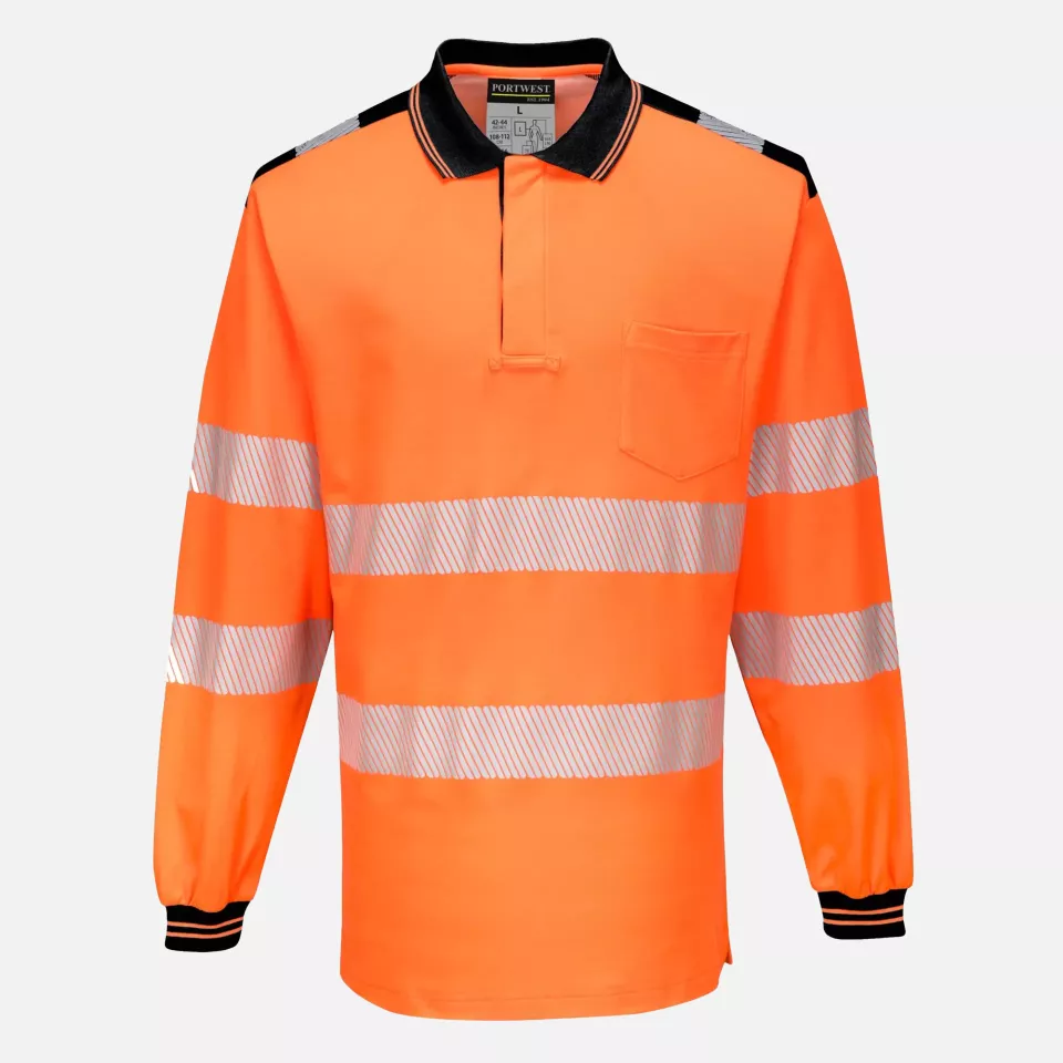 Portwest T184OBR, PW3 Hi-Vis Cotton Comfort Polo Shirt L/S, Orange/Black, image 1, gallery thumbnail