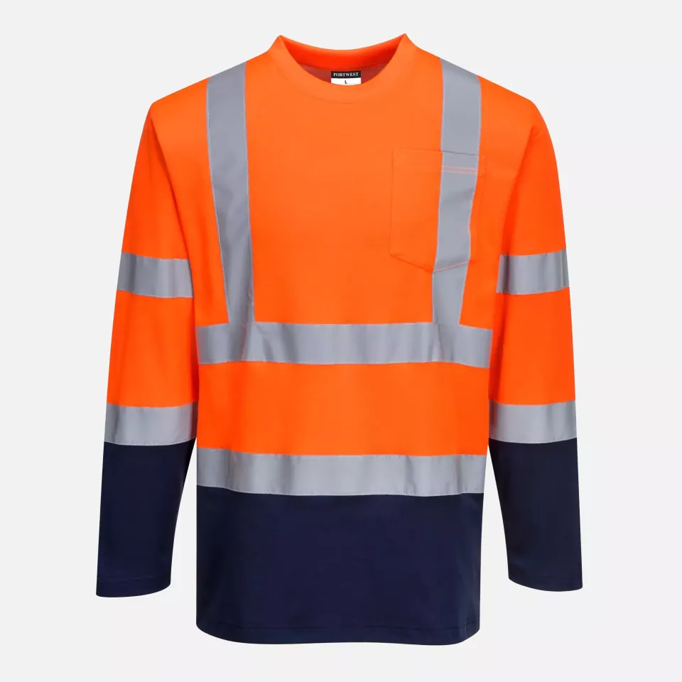 Portwest S280ONR, Hi-Vis Cotton Comfort Contrast T-Shirt L/S, Orange/Navy, image 1, gallery thumbnail