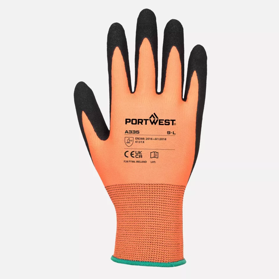 Portwest A335O8R, Dermi-Grip NPR15 Nitrile Sandy Glove, Orange/Black, image 1, gallery thumbnail