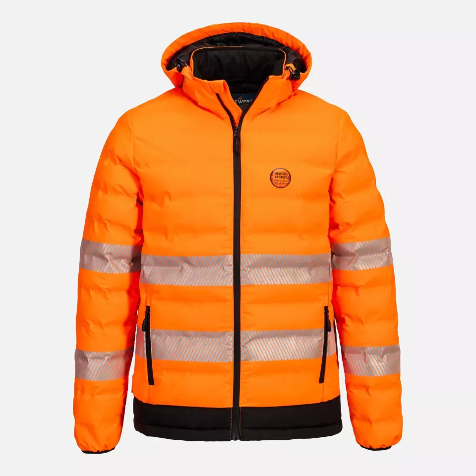 Portwest S548OBR, Hi-Vis Ultrasonic Heated Tunnel Jacket, Orange/Black, image 1, gallery thumbnail