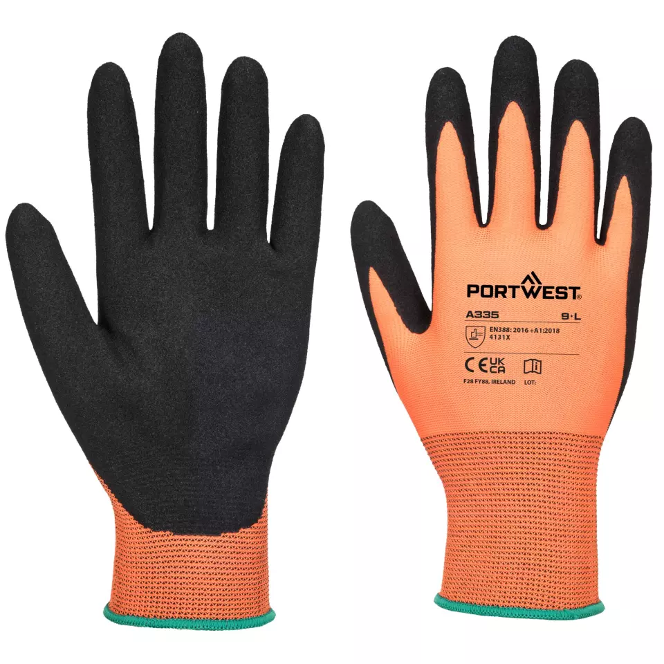 Portwest A335O8R, Dermi-Grip NPR15 Nitrile Sandy Glove, Orange/Black, image 3, gallery thumbnail