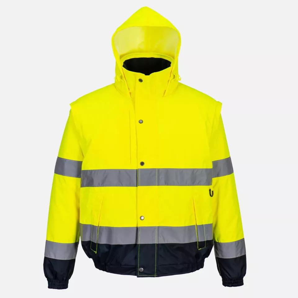 Portwest C468YER, Hi-Vis 2-in-1 Contrast Bomber Jacket, Yellow, image 1, gallery thumbnail