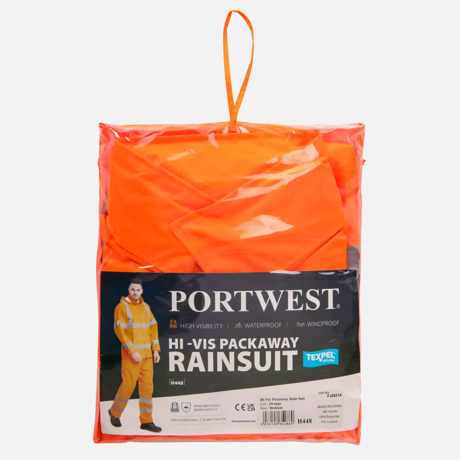 Portwest H448ORR, Hi-Vis Packaway Rain Suit, Orange, image 3