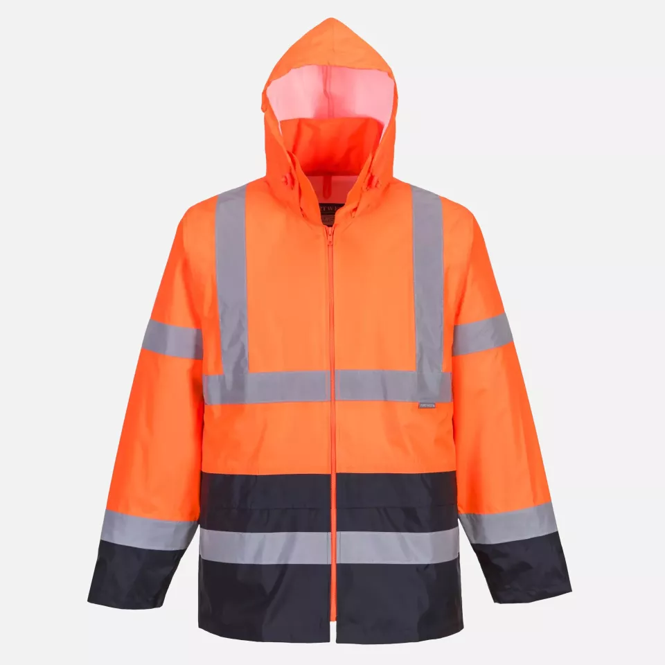 Portwest H443ONR, Hi-Vis Contrast Classic Rain Jacket, Orange/Navy, image 1, gallery thumbnail