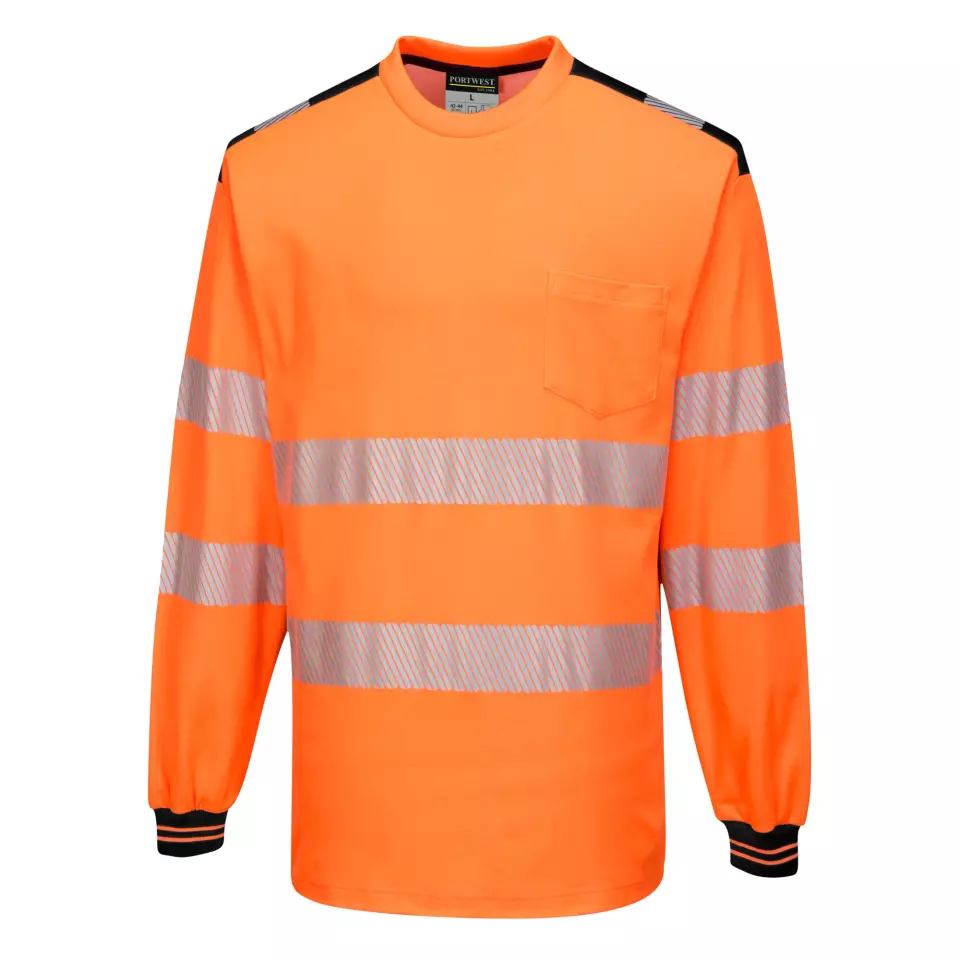 Portwest T185OBR, PW3 Hi-Vis Cotton Comfort T-Shirt L/S, Orange/Black, image 1, gallery thumbnail