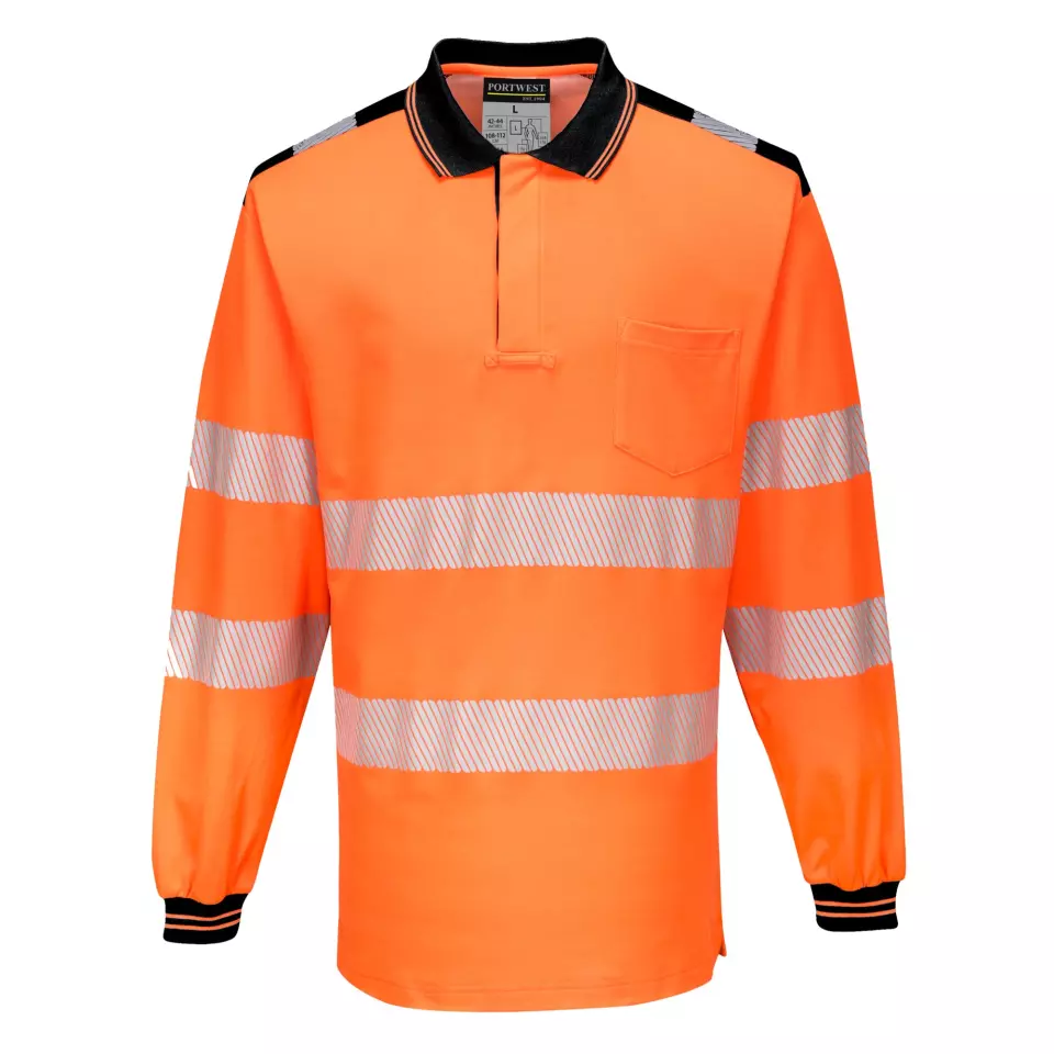 Portwest T184OBR, PW3 Hi-Vis Cotton Comfort Polo Shirt L/S, Orange/Black, image 1, gallery thumbnail
