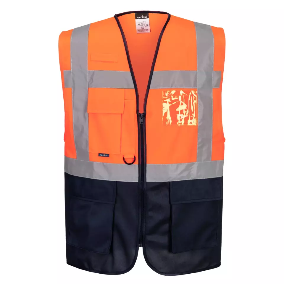 Portwest C476ONR, Warsaw Hi-Vis Contrast Executive Vest, Orange/Navy, image 3, gallery thumbnail