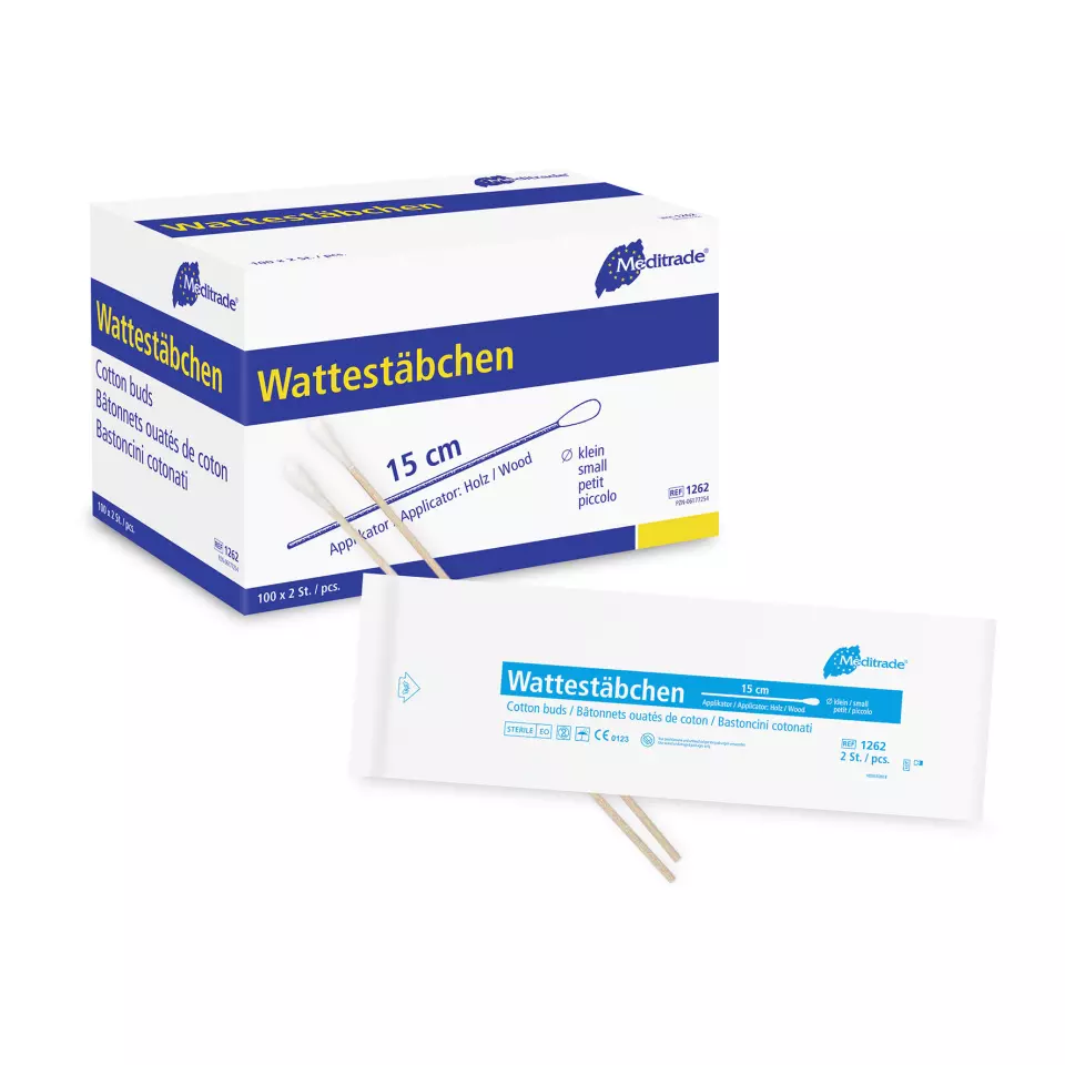 Meditrade 1262, 2 Sterile Cotton Swabs per Pack, Length: 15 cm, Small Tip, Wood, image 1, gallery thumbnail