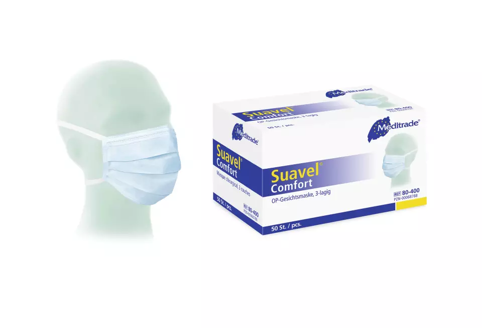Meditrade 80-400, Suavel® Comfort Surgical Mask With Ties, Blue, image 1, gallery thumbnail