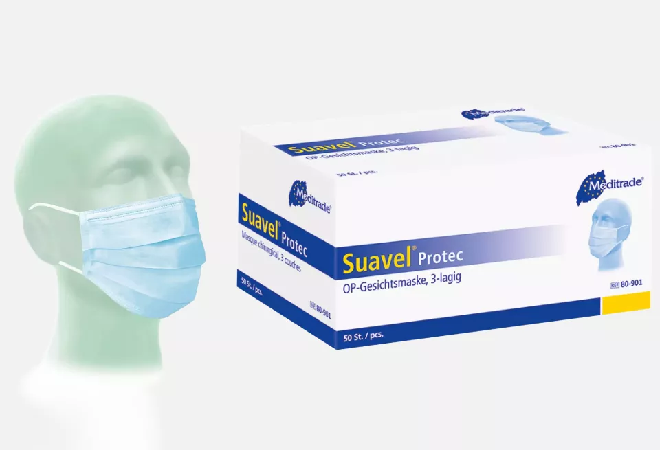 Meditrade 80-901B, Suavel® Protec Surgical Mask with Elastic Ear Loops, Blue, image 1, gallery thumbnail